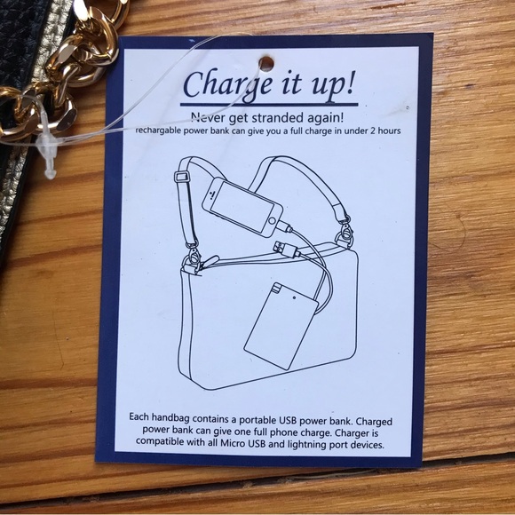 ImoShion USA Black Faux Leather Gold Chain Charger USB Purse Bundle, NWT, 14” - Picture 10 of 16